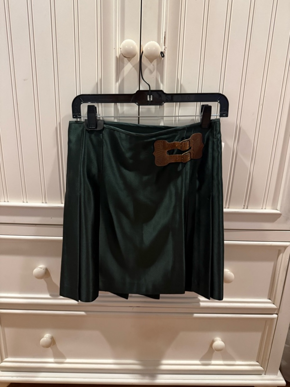 Ralph Lauren Dark Green Silk Mini Skirt with Brown Buckle